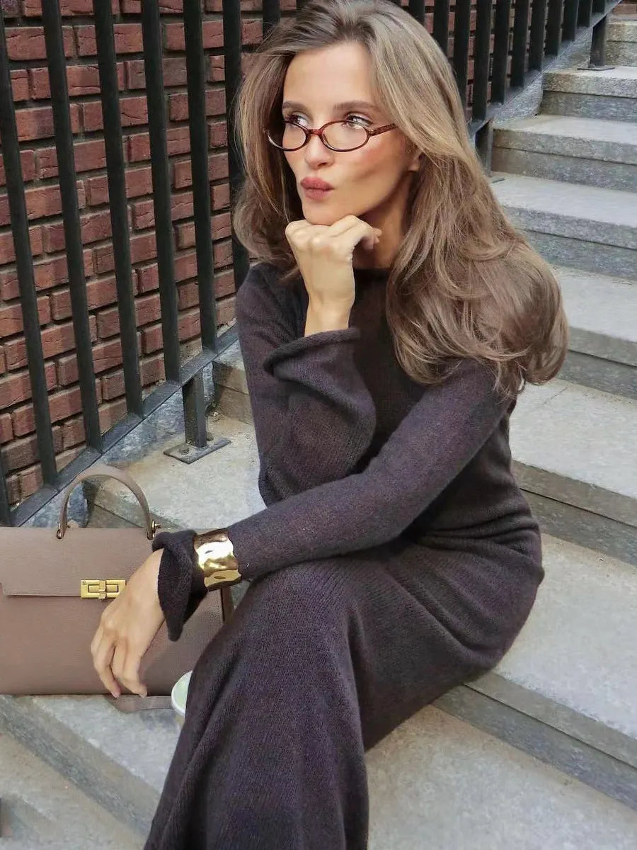 Light Pink Semi Sheer Knit Dress, Ladies Crew Neck Flared Sleeve Elegant Long Knit Midi Dress