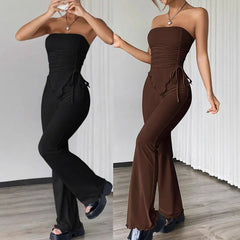 Strapless Ruched Drawstring Crop Top & Flare Pants Two Piece Set