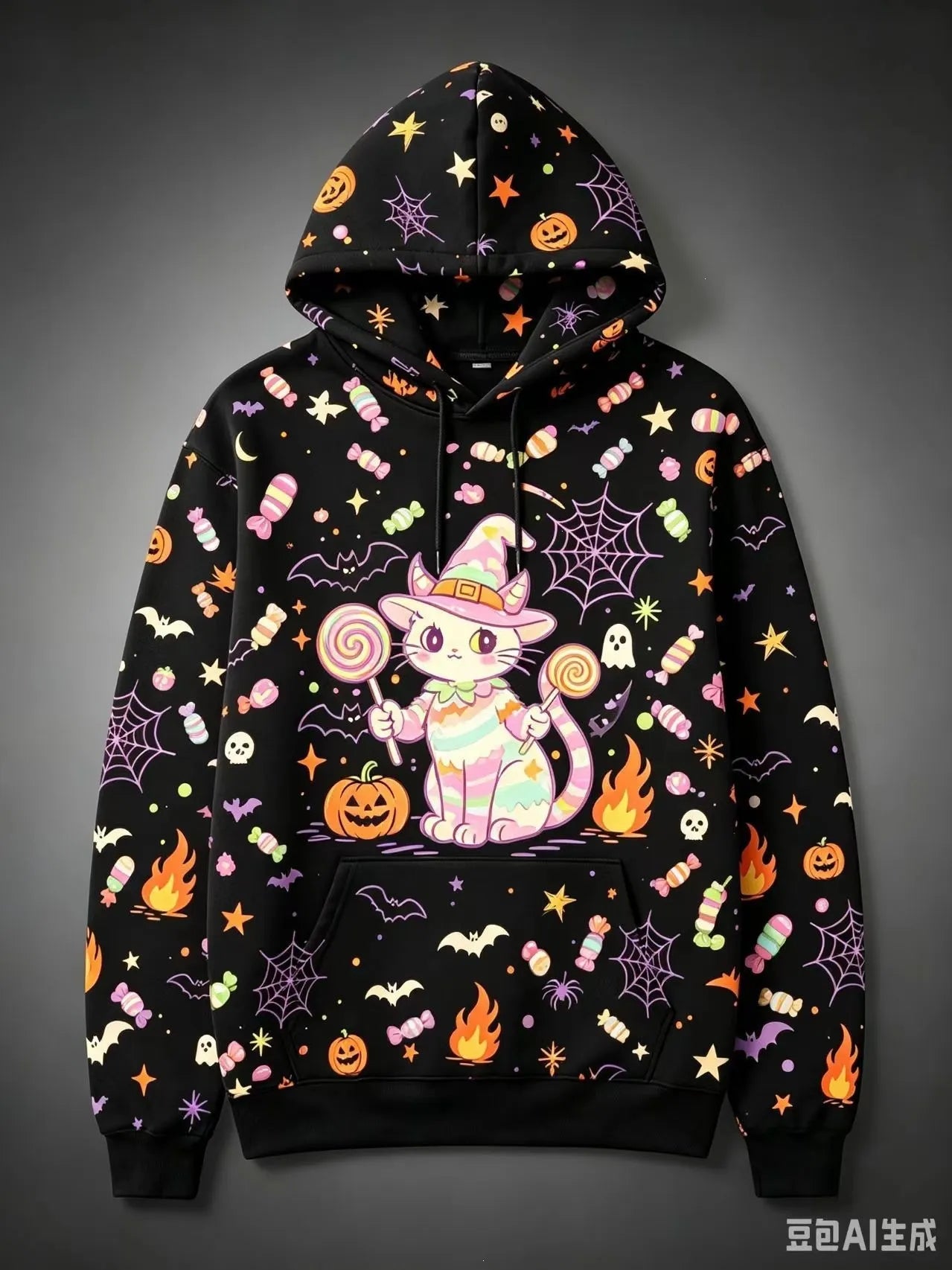 Halloween Black Cat Pumpkin Bat Moon Graphic Hoodie