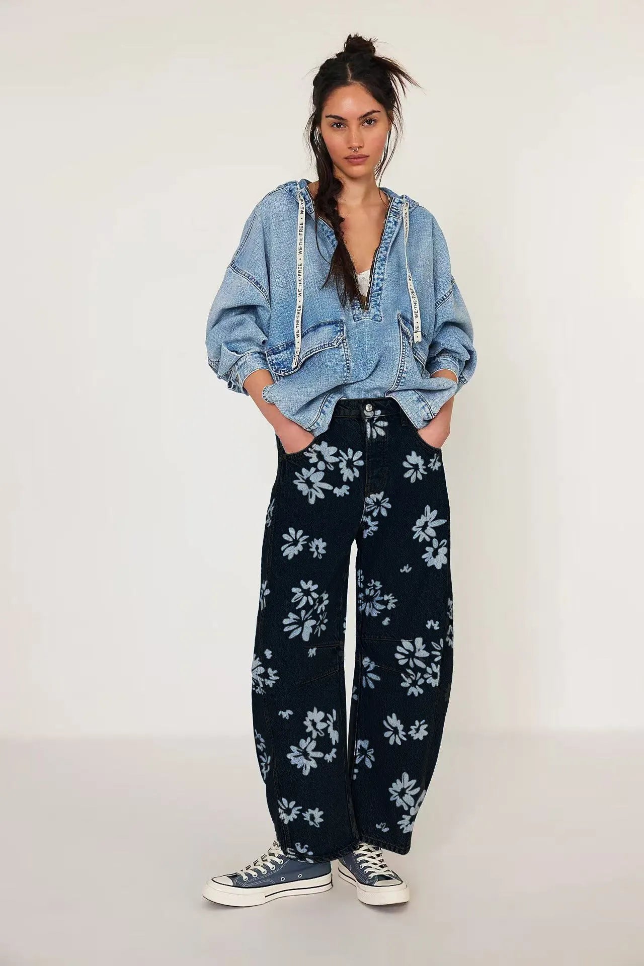 Heart Print Loose Wide Leg Casual Denim Pants