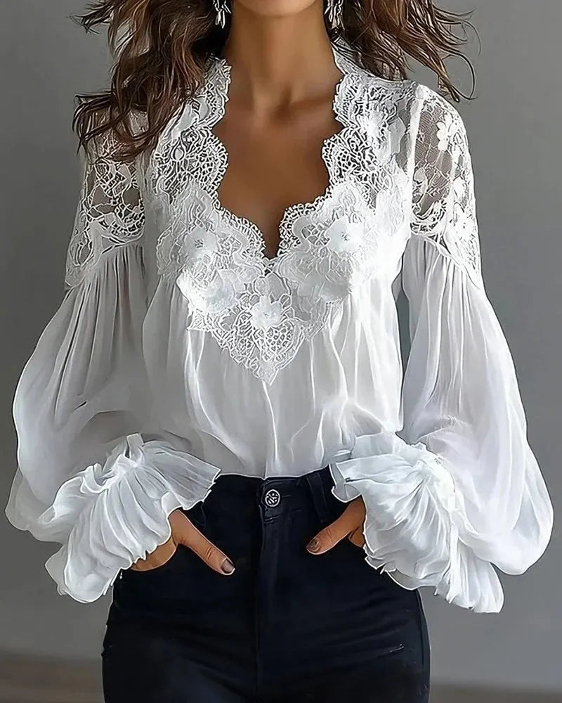 Lace Trim V-Neck Bubble Sleeve Blouse
