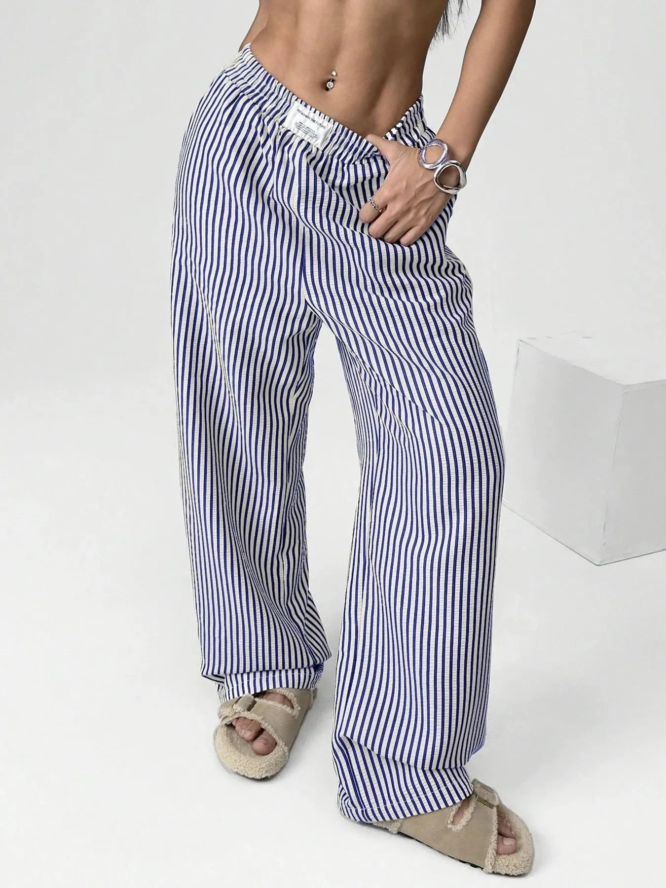 Striped Elastic Waist Straight Leg Casual Long Pants