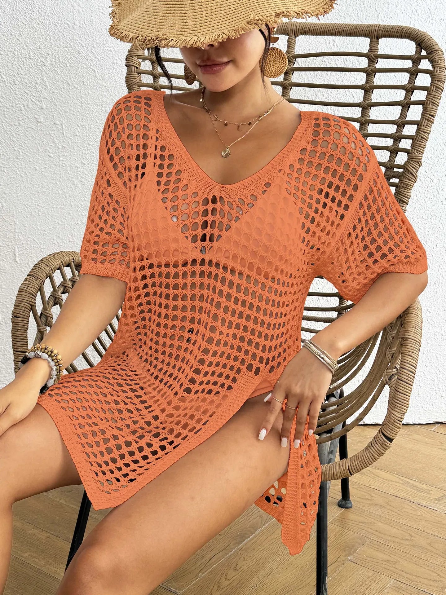 Solid Hollow Out V-Neck Short Sleeve Beach Cover-Up Mini Dress