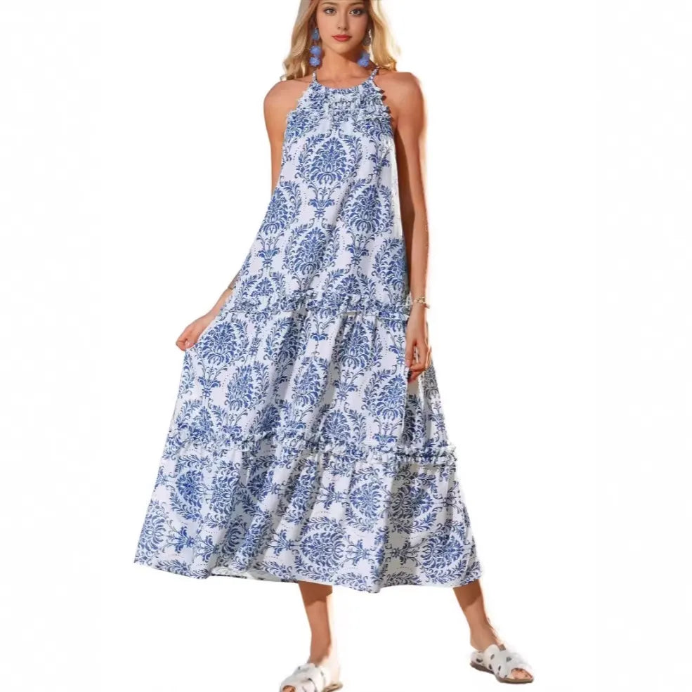 Boho Print Halter Neck Sleeveless Tiered Maxi Dress