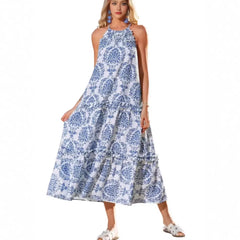 Boho Print Halter Neck Sleeveless Tiered Maxi Dress
