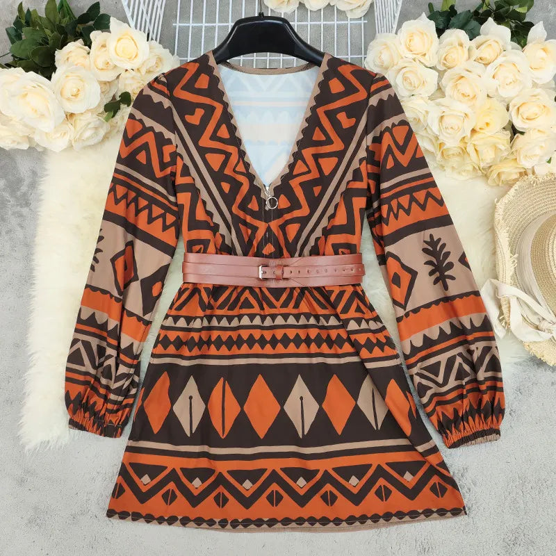 Bohemian Geometric Print Long Sleeve Mini Dress