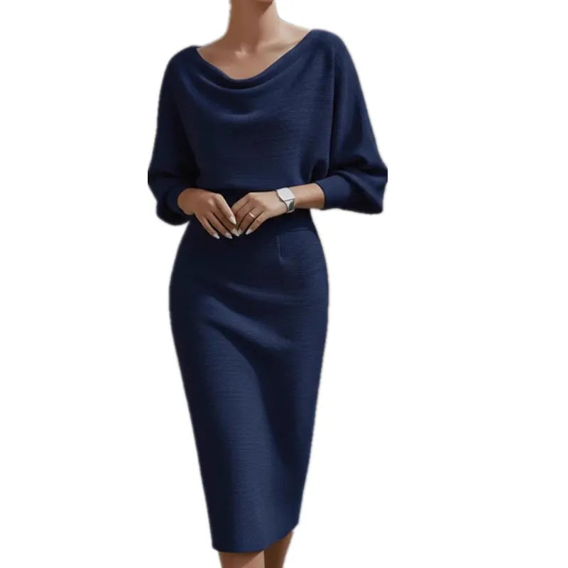 White Boat Neck Batwing Sleeve High-Waisted Knitted Midi Dress
