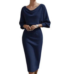 White Boat Neck Batwing Sleeve High-Waisted Knitted Midi Dress