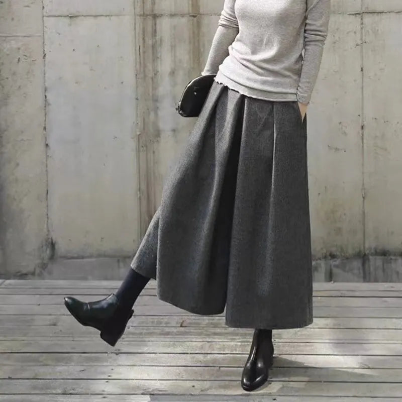 High Waist Cropped Wide Leg Wool Blend Pants