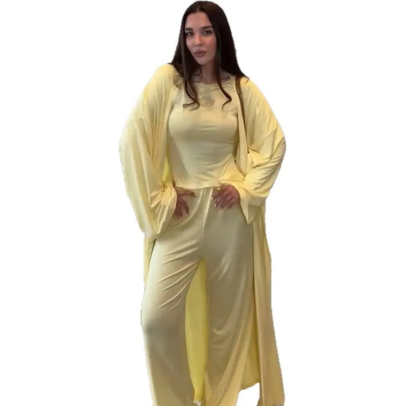 3-Piece Lounge Set, Long Sleeve Kimono Cardigan & Tank Top & Wide Leg Pants