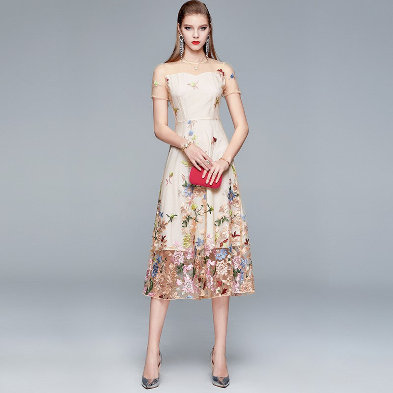 Beige Floral Embroidered Midi Dress, Sheer Short Sleeve A-Line Formal Evening Dress