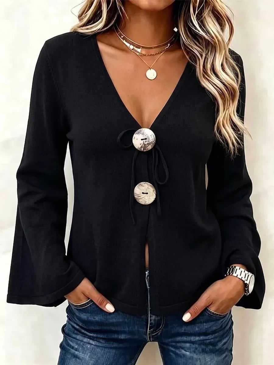 V-Neck Knit Cardigan, Large Button Tie Front Flare Long Sleeve Sweater Top