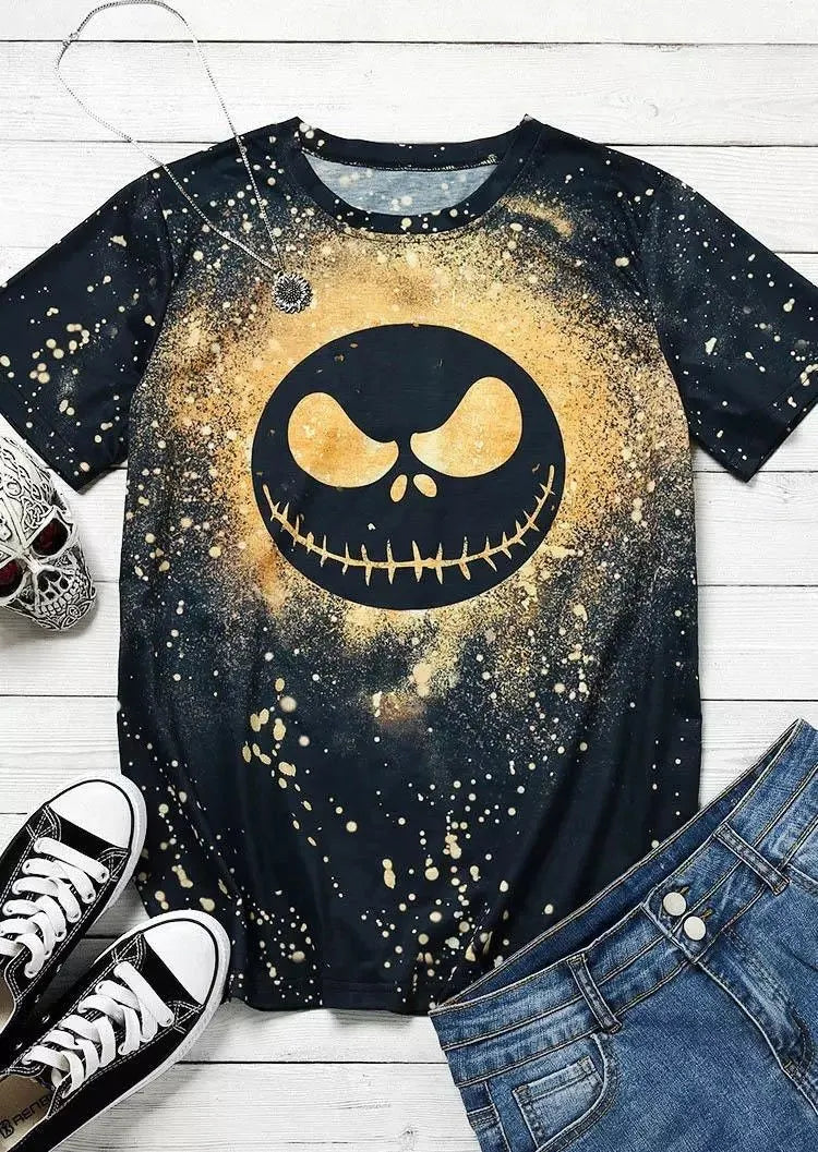 Halloween Skull Face Print Crew Neck Short Sleeve T‑Shirt