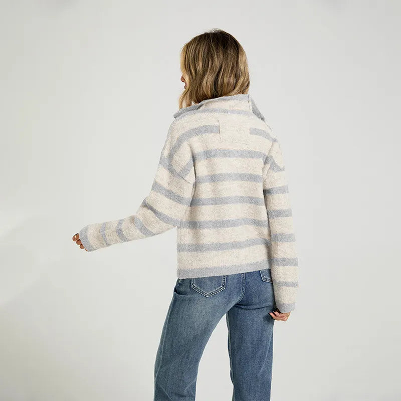 Casual Striped Collared Knit Cardigan Long Sleeve Button Front Sweater for Women