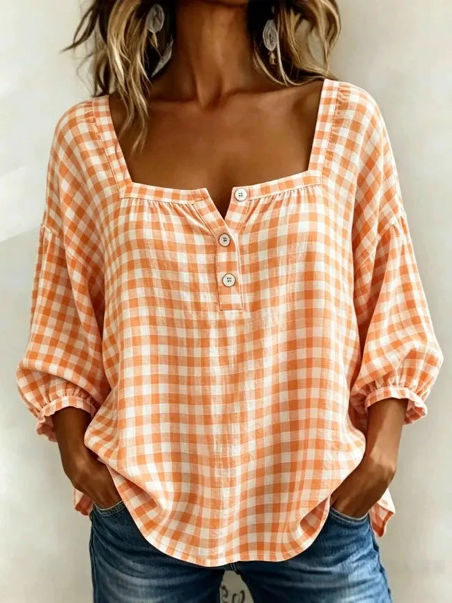 Plaid Square Neck Button Front Bubble 7/4 Sleeve Loose Casual Blouse