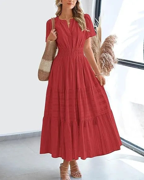 V-Neck Smocked Waist Tiered Maxi Dress