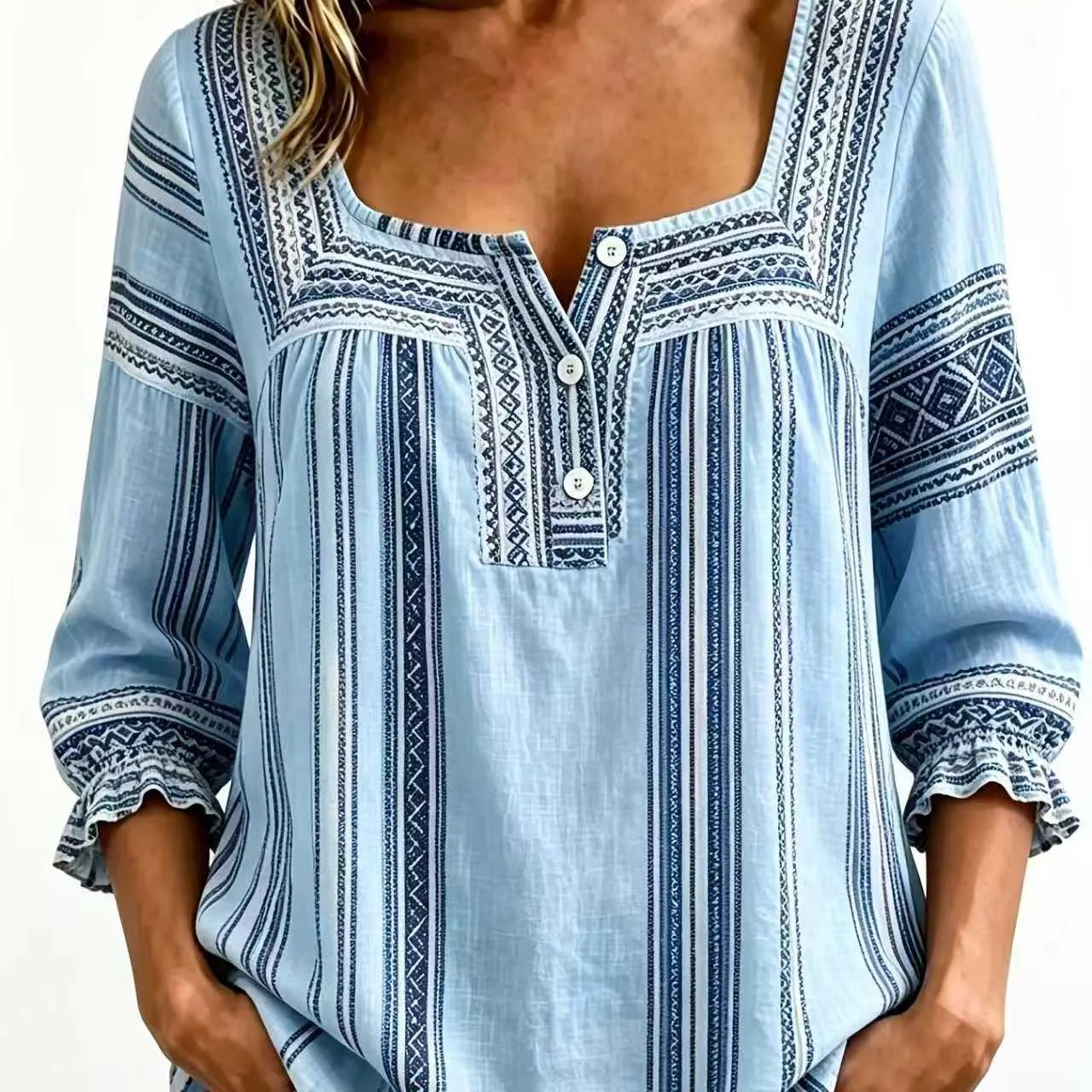 Plaid Square Neck Button Front Bubble 7/4 Sleeve Loose Casual Blouse