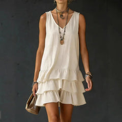 Sleeveless V-Neck Loose Tiered Ruffle Hem Solid Casual Mini Dress