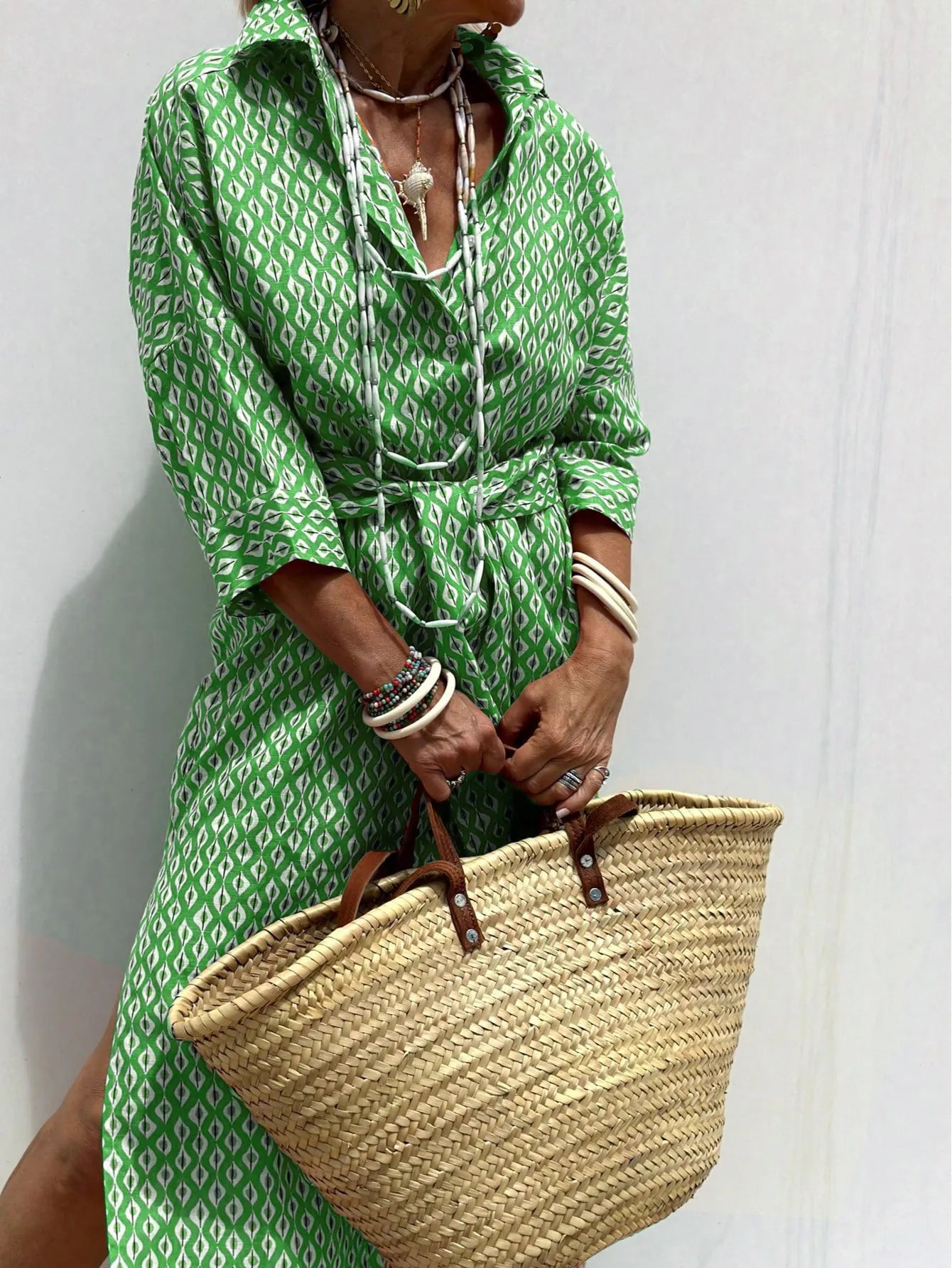 Lapel Five-Quarter Sleeve Printed Loose Maxi Dress Ethnic Travel Shirt Dress