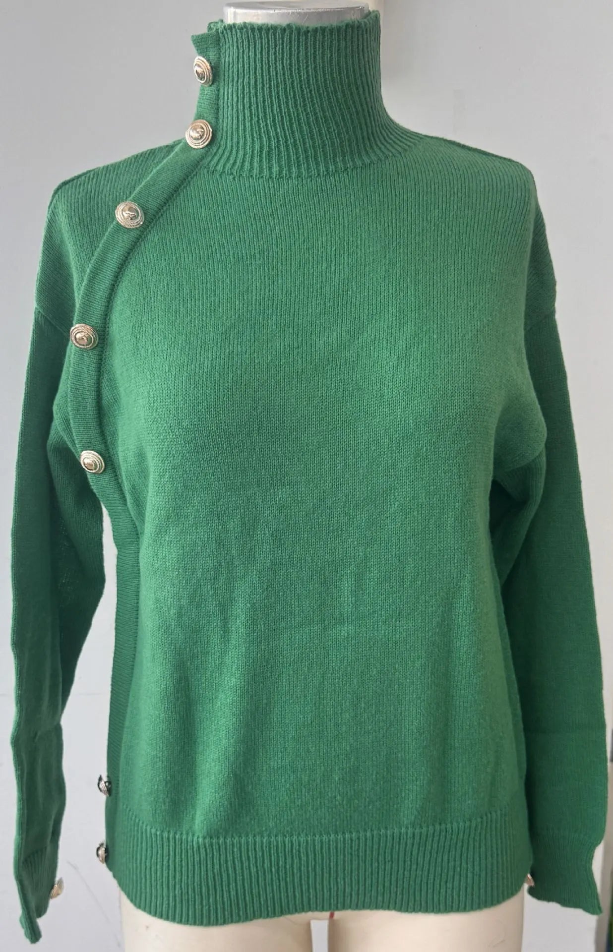 Chic Blue Turtleneck Knit Sweater, Statement Side Gold Buttons Casual Fall Winter Top