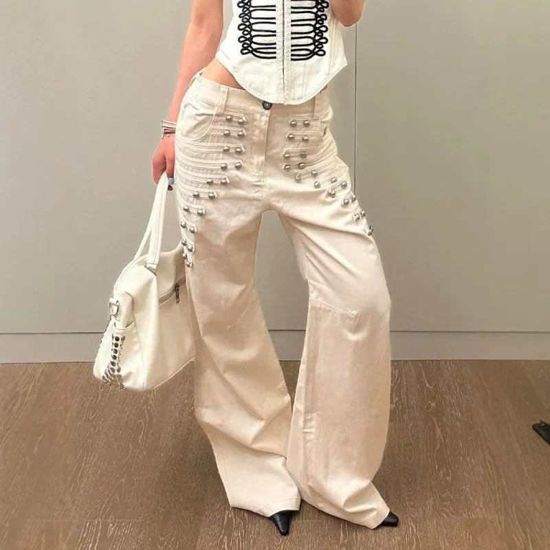 Y2K High Waist Cream Wide Leg Jeans, Metal Stud Decor Flare Denim Trousers