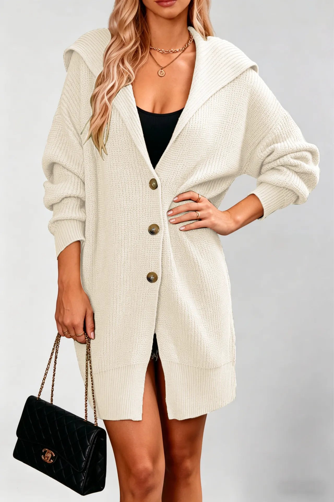 Waffle Knit Lapel Button Midi Pocket Cardigan Sweater
