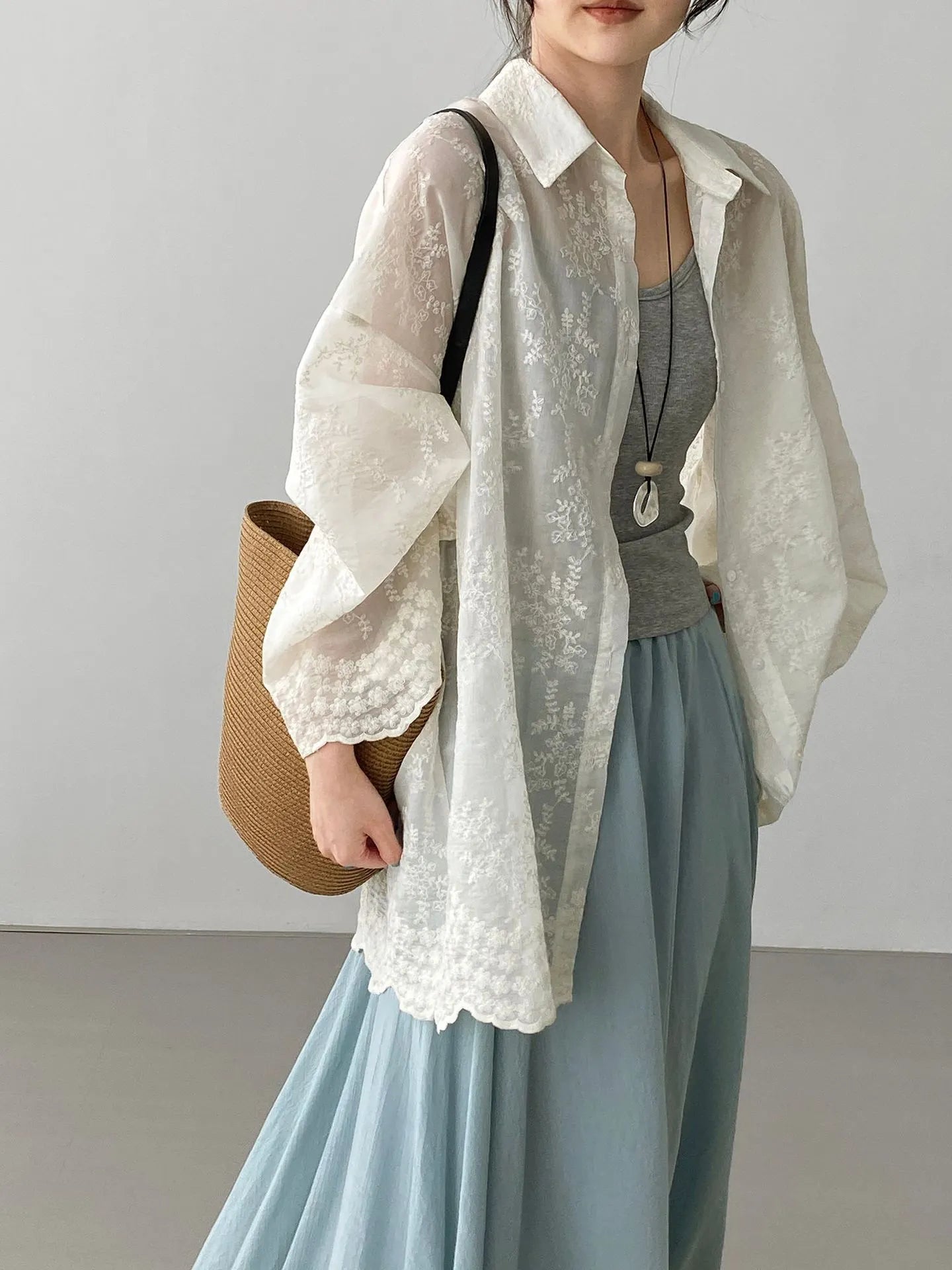 Floral Embroidery Back Tie Sheer Bubble Long Sleeve Oversized Shirt