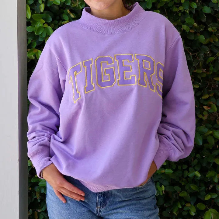 Lavender TIGERS Letter Print Sweatshirt, Casual Loose Mock Neck Fall Pullover Top