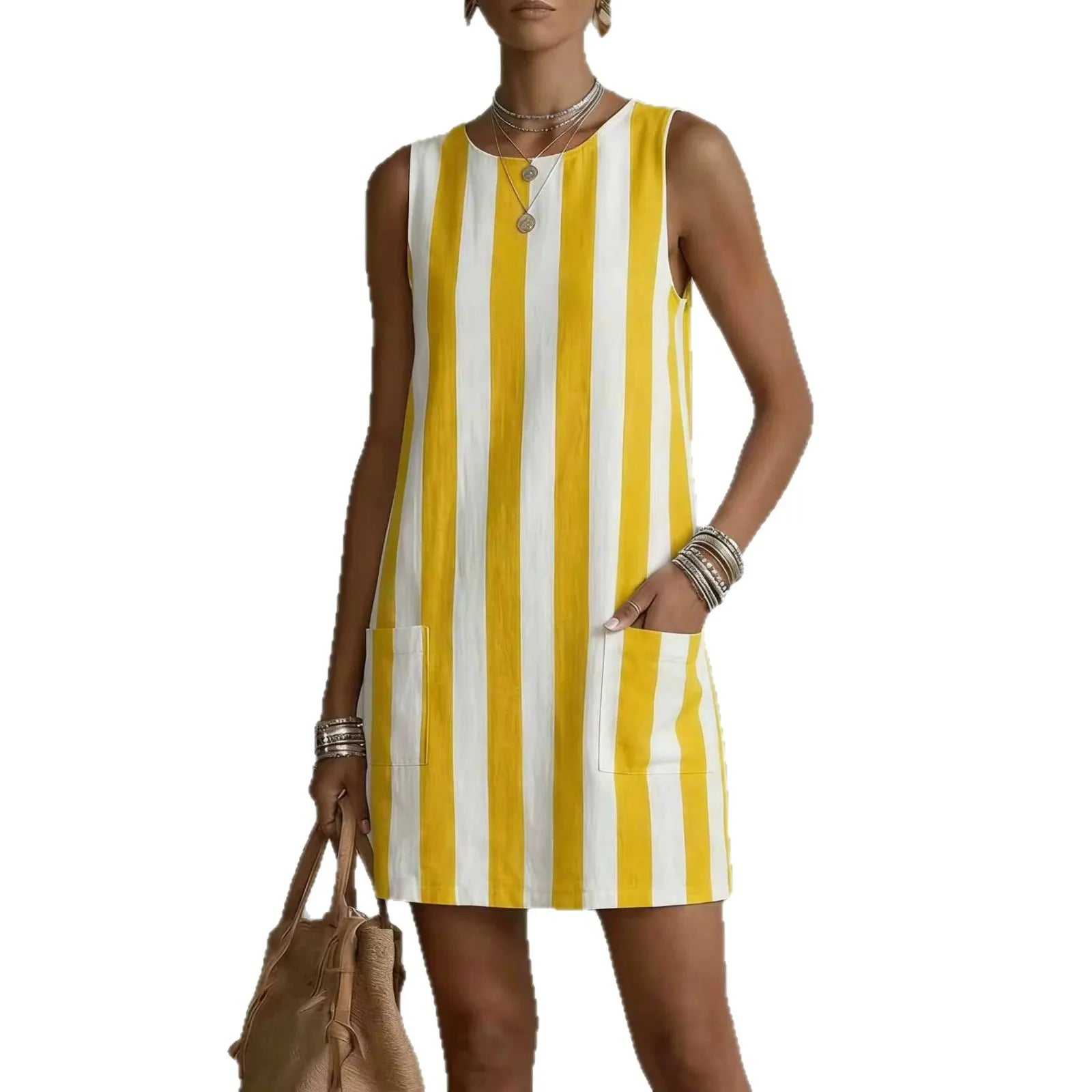 Round Neck Sleeveless Vertical Stripe Linen Mini Dress