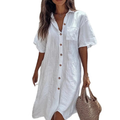 Short Sleeve Pocket Linen Shirt Dress Button Front Casual Midi Dress