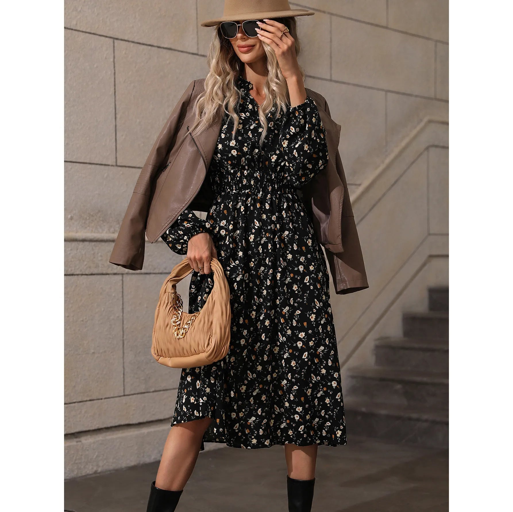 V‑neck Floral Lantern Sleeve Midi Dress