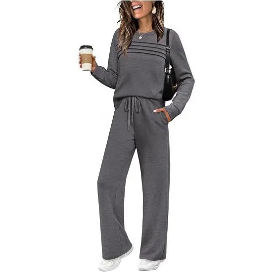 Dark Grey Pleated Detail Top & Drawstring Wide Leg Pants Two Piece Loungewear Set