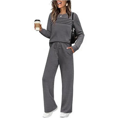 Dark Grey Pleated Detail Top & Drawstring Wide Leg Pants Two Piece Loungewear Set