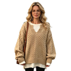 Textured Cable Knit Sweater, Notched V Neck Casual Warm Oversized Pullover