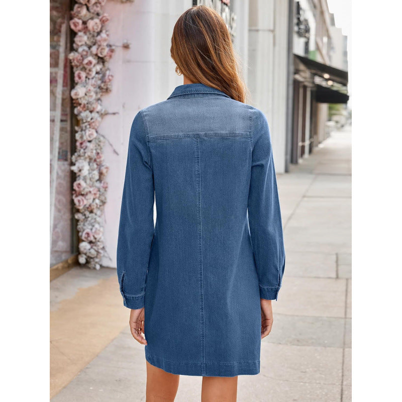 Blue Denim Tunic Dress with Chest Pockets, Collared 3/4 Sleeve Casual Dress