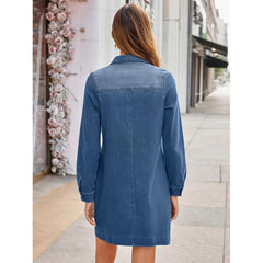 Blue Denim Tunic Dress with Chest Pockets, Collared 3/4 Sleeve Casual Dress