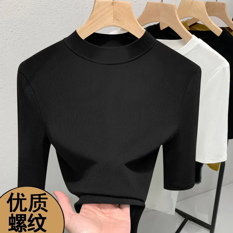 Solid Color Half High Neck Medium Sleeve Slim Fit T-Shirt