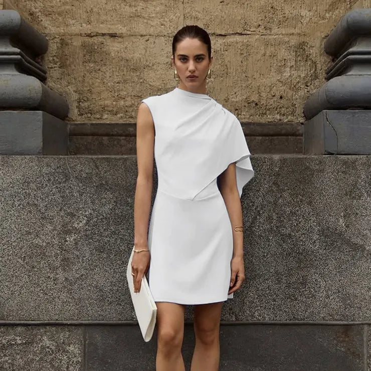 Solid Draped Mock Neck Sleeveless Asymmetric Ruffle Mini Dress