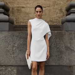 Solid Draped Mock Neck Sleeveless Asymmetric Ruffle Mini Dress
