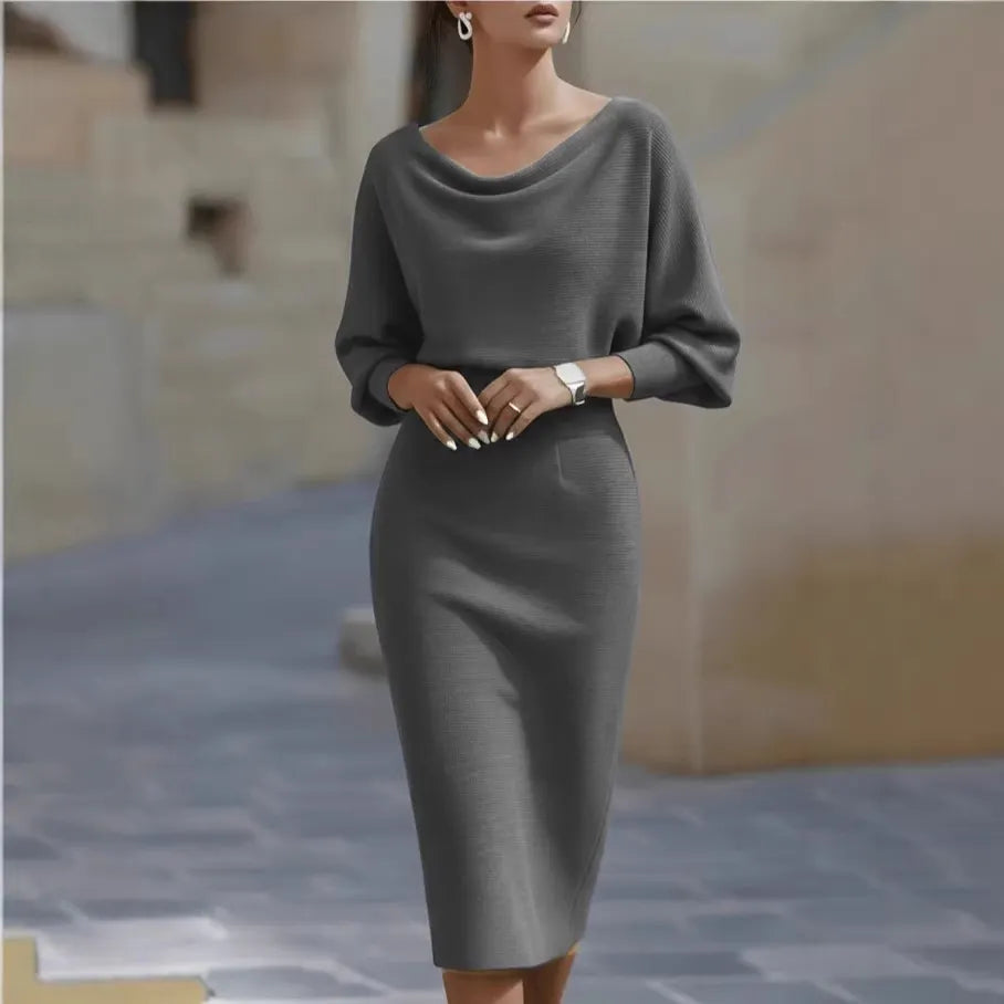 White Boat Neck Batwing Sleeve High-Waisted Knitted Midi Dress