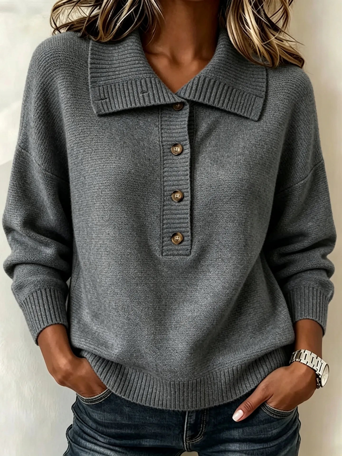 Burgundy Collared Henley Knit Sweater Button Front Long Sleeve Loose Pullover