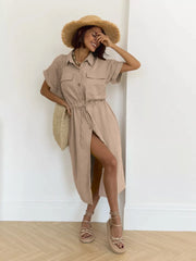 Casual Lapel Button Drawstring Waist Cargo Shirt Midi Dress