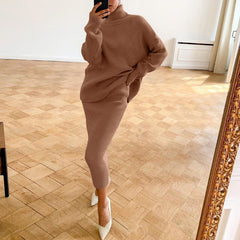 Brown Ribbed Knit Turtleneck & Midi Skirt Set