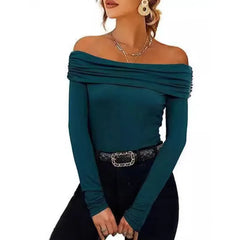 Off Shoulder Long Sleeve Slim Fit Solid Pullover Top