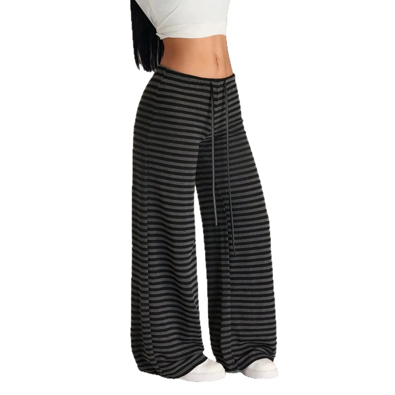 Striped Drawstring Wide Leg Casual Pants