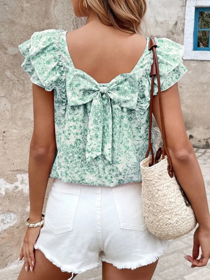 Floral Print Ruffle Sleeve Back Bow Blouse