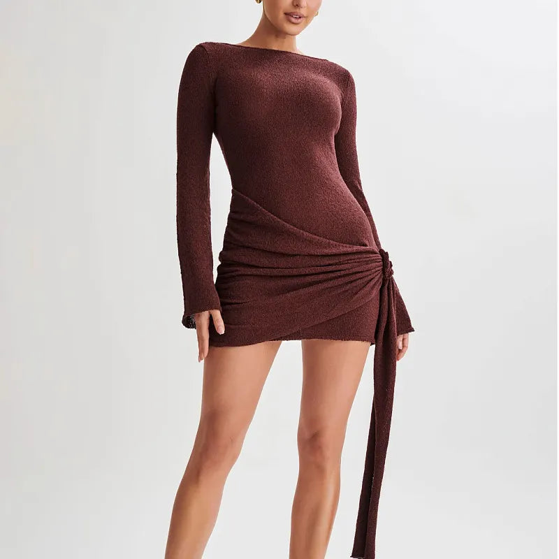 Lime Green Crew Neck Bell Sleeve Mini Dress - Ruched Tie Waist Knit Bodycon Dress