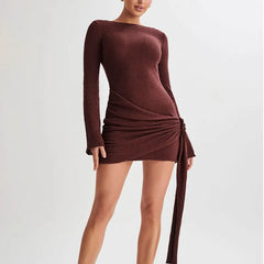 Lime Green Crew Neck Bell Sleeve Mini Dress - Ruched Tie Waist Knit Bodycon Dress