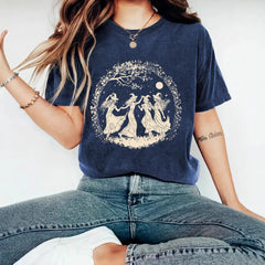 Halloween Witch Moon Floral Print Crew Neck Short Sleeve T‑Shirt