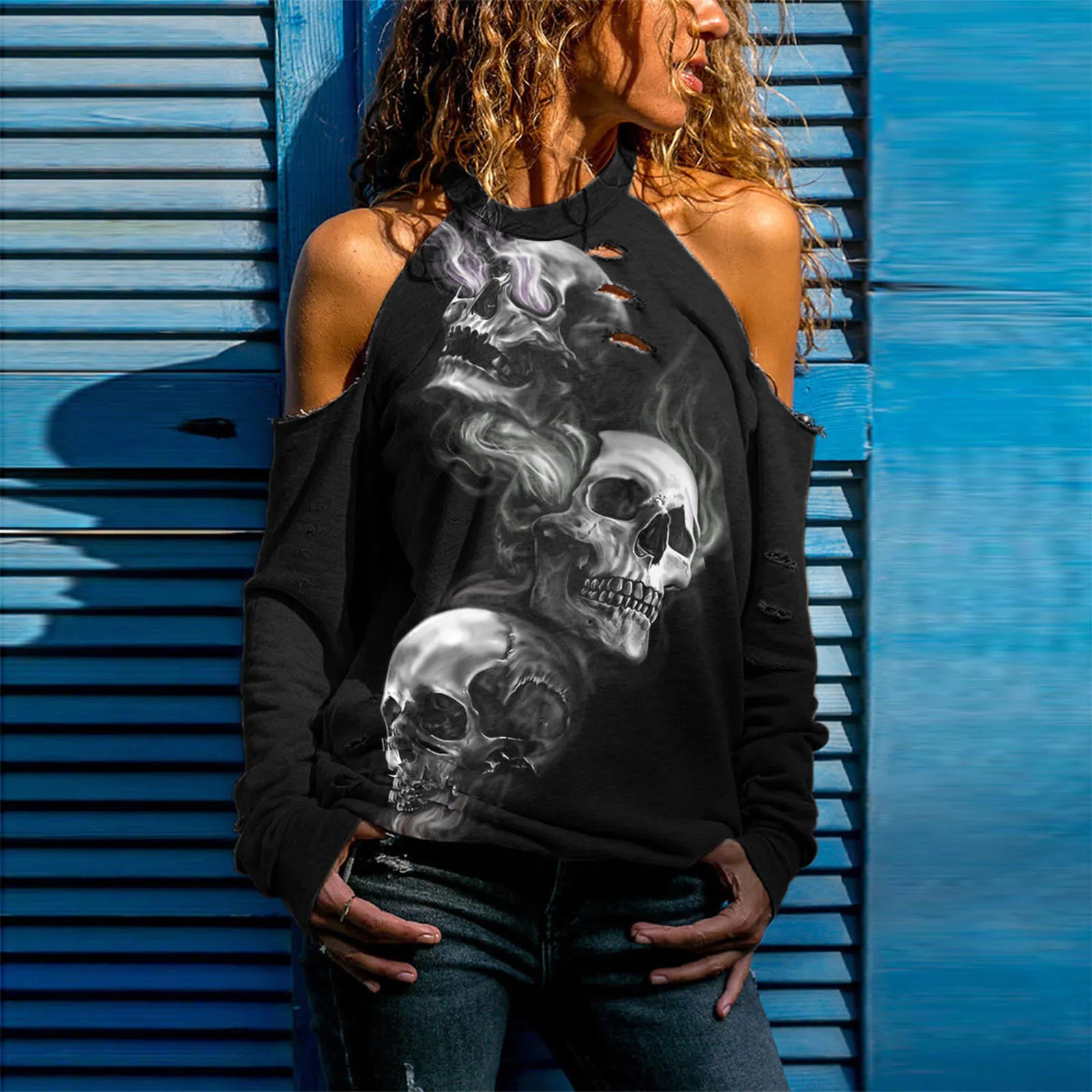Halloween Skull Print Cold Shoulder Distressed Sweatshirt